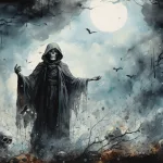 Death dream meaning – image of a dark cloaked figure with a scythe, representing mortality, fear, and loss in dreams.