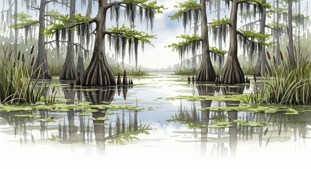 Swamp dream meaning – image of a misty swamp with murky water representing uncertainty, stagnation, and hidden danger in dreams.
