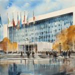 United Nations dream meaning – image of the UN building with flags representing diplomacy, cooperation, and global issues in dreams.