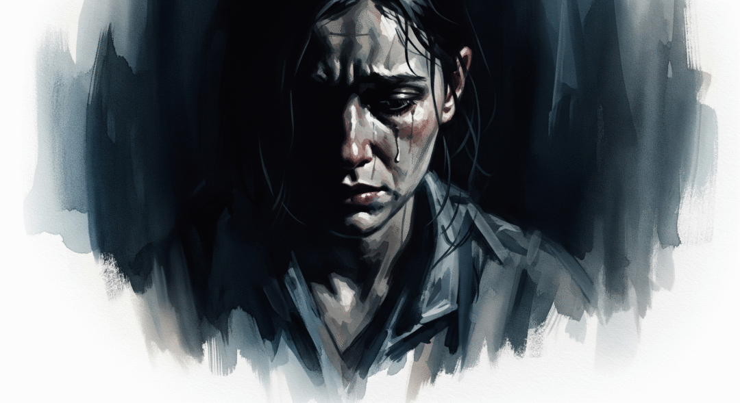 Violated dream meaning – image of a distressed person in the shadows representing betrayal, invasion, and trauma in dreams.
