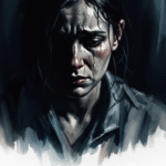 Violated dream meaning – image of a distressed person in the shadows representing betrayal, invasion, and trauma in dreams.